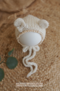 Baby newborn knitted romper and bear bonnet, off white, Ready to send