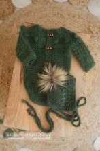 Baby newborn knitted romper and bonnet set, forest green, RTS