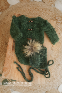 Baby newborn knitted romper and bonnet set, forest green, RTS