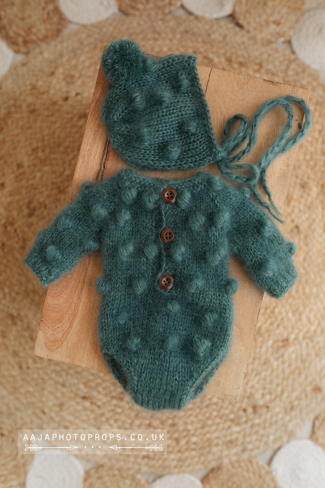 Baby newborn bubble knitted romper and hat set, teal blue/green, RTS