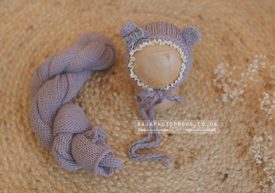 Pale lilac lavender baby newborn bear bonnet and wrap, made to order