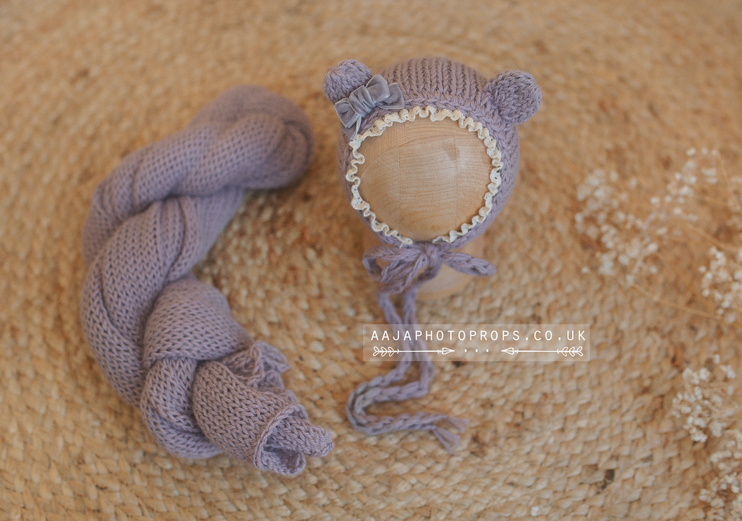 Pale lilac lavender baby newborn bear bonnet and wrap, RTS
