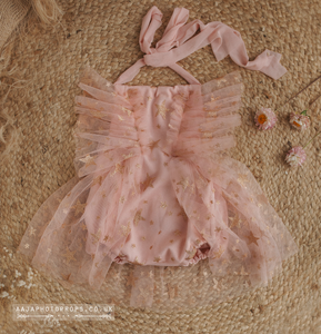 9-12 months size romper, blush pink, stars, boho, tulle, made to order