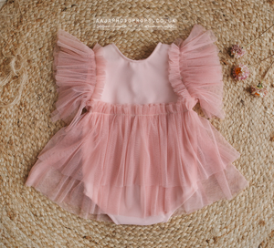Baby girl romper, pink, blush, boho, tulle, frilly, made to order
