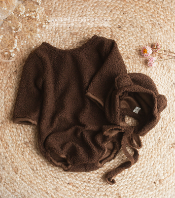 6-12 months size romper and bear bonnet, brown, fluffy , made to order