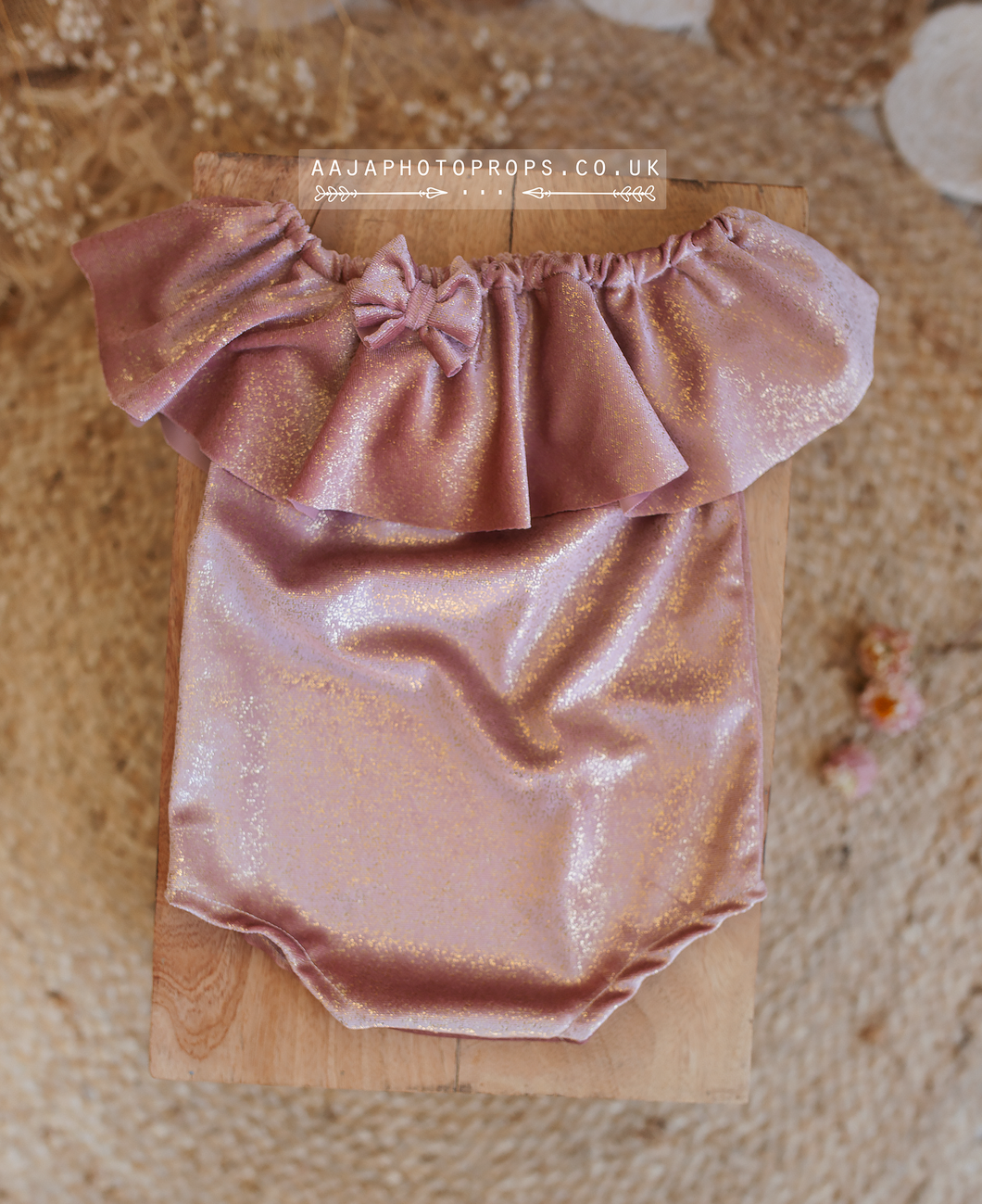 Baby 9-12 months size girl velvet romper, frilly, dusty pink, gold metallic shine, RTS