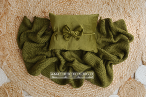 Newborn Velvet Posing pillow, bow tieback, knitted wrap, Olive green, Ready to send
