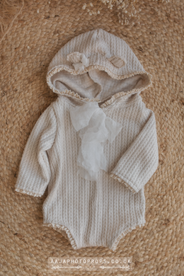 Vintage style hooded bear romper, 6-12 months size, beige, lace, boho, RTS