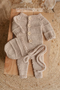 Baby newborn knitted romper and bonnet, natural, Ready to send