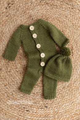 Baby newborn knitted romper and hat, Olive green, made to order