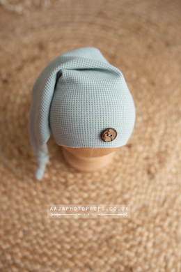 Baby newborn sleepy hat, knot, dusty light blue, button, RTS