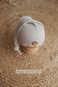 Baby newborn sleepy hat, knot, oatmeal, button, RTS