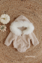 Baby newborn eskimo hoodie romper, beige, cream, faux fur, RTS
