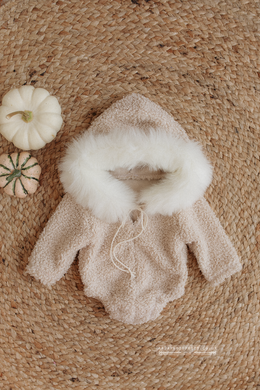 Baby newborn eskimo hoodie romper, beige, cream, faux fur, RTS
