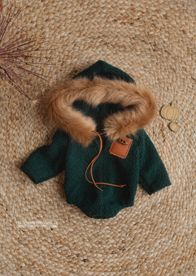 Baby newborn eskimo hoodie romper, teal green, brown, pocket, faux fur, RTS