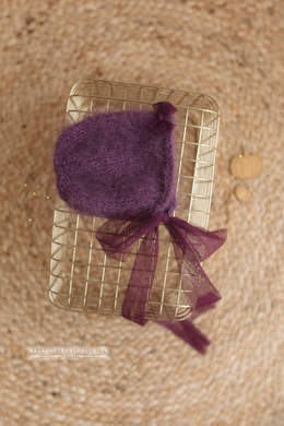 Knitted Baby newborn bonnet, plum purple, Halloween, RTS