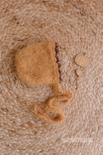 Knitted Baby newborn bonnet, camel brown beaded edge, RTS
