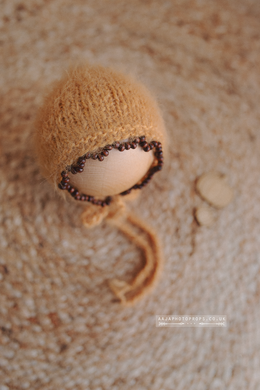 Knitted Baby newborn bonnet, camel brown beaded edge, RTS