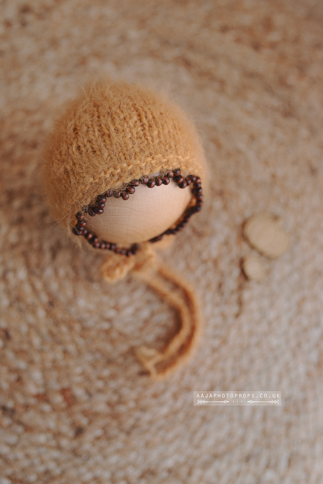 Knitted Baby newborn bonnet, camel brown beaded edge, RTS
