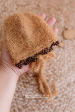 Knitted Baby newborn bonnet, camel brown beaded edge, RTS