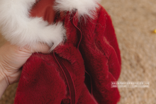 Load image into Gallery viewer, Baby newborn eskimo hoodie romper, Rusty Red, faux fur, Christmas RTS