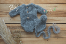 Baby newborn knitted romper and bonnet set, grey, blue, made to order