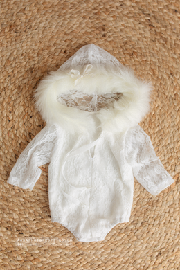 Baby newborn eskimo lace hoodie romper, off white, faux fur, Christmas RTS
