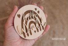 Wooden disc Hello World, baby, rainbow, hearts, RTS