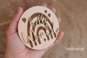 Wooden disc Hello World, baby, rainbow, hearts, RTS