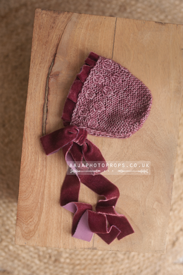 Baby newborn bonnet with velvet details, berry pink, made to order