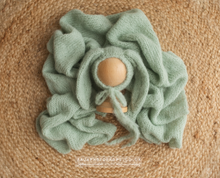 Sage green baby newborn bunny bonnet and wrap, made to order