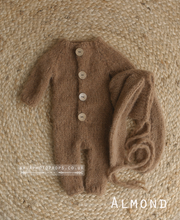 Load image into Gallery viewer, Baby newborn knitted pyjama romper and bunny bonnet, beige, made to order