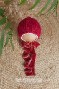 Baby newborn girl bonnet with velvet ties, red, Valentine, RTS