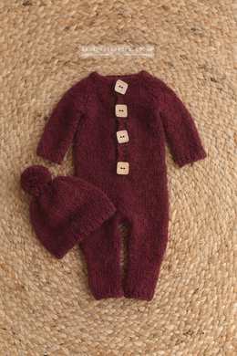 Baby newborn knitted romper and hat, burgundy red, RTS