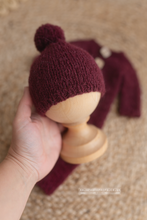 Baby newborn knitted romper and hat, burgundy red, RTS