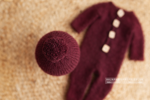 Baby newborn knitted romper and hat, burgundy red, RTS