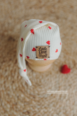 Baby newborn sleepy hat, Little love bug patch, knot, cream, heart, valentine, Ready