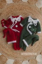 Load image into Gallery viewer, Baby newborn knitted footed pyjama romper, hat, collar, Red, white, Made to order