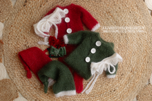 Load image into Gallery viewer, Baby newborn knitted footed pyjama romper, hat, collar, Red, white, Made to order