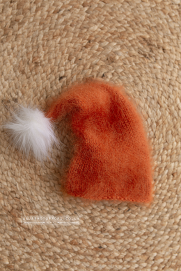 Baby newborn hat with faux fur pom pom, orange,  RTS