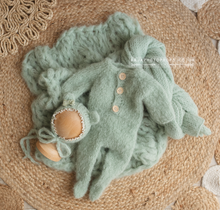 Baby newborn knitted romper, bear bonnet, wrap, layer, sage green, made to order