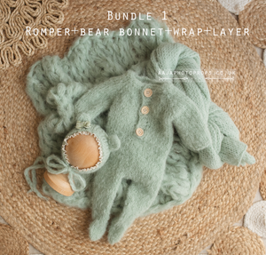 Baby newborn knitted romper, bear bonnet, wrap, layer, sage green, made to order