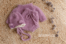 Knitted Baby newborn sweater, bloomers, bonnet, lilac, bear, RTS
