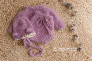 Knitted Baby newborn sweater, bloomers, bonnet, lilac, bear, RTS