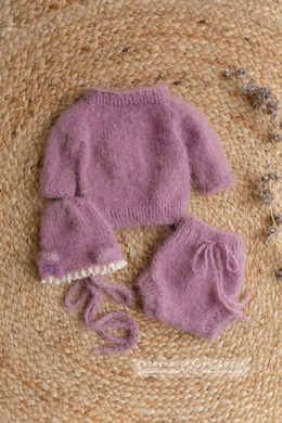 Knitted Baby newborn sweater, bloomers, bonnet, lilac, bear, RTS