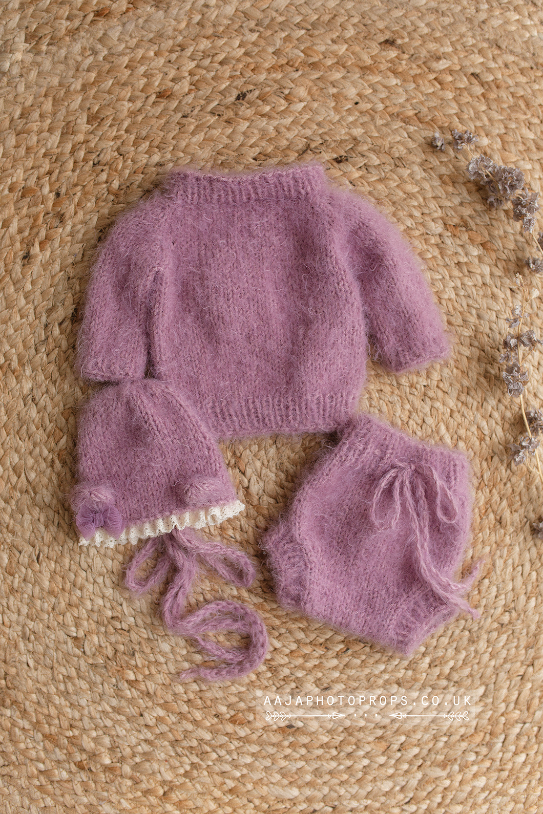 Knitted Baby newborn sweater, bloomers, bonnet, lilac, bear, RTS