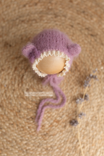 Knitted Baby newborn sweater, bloomers, bonnet, lilac, bear, RTS