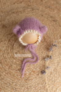 Knitted Baby newborn sweater, bloomers, bonnet, lilac, bear, RTS