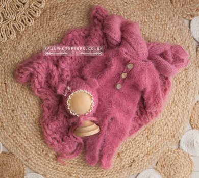 Baby newborn knitted romper, bear bonnet, wrap, layer, berry pink, made to order