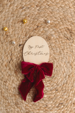 Wooden disc my first Christmas, velvet bow, baby, RTS